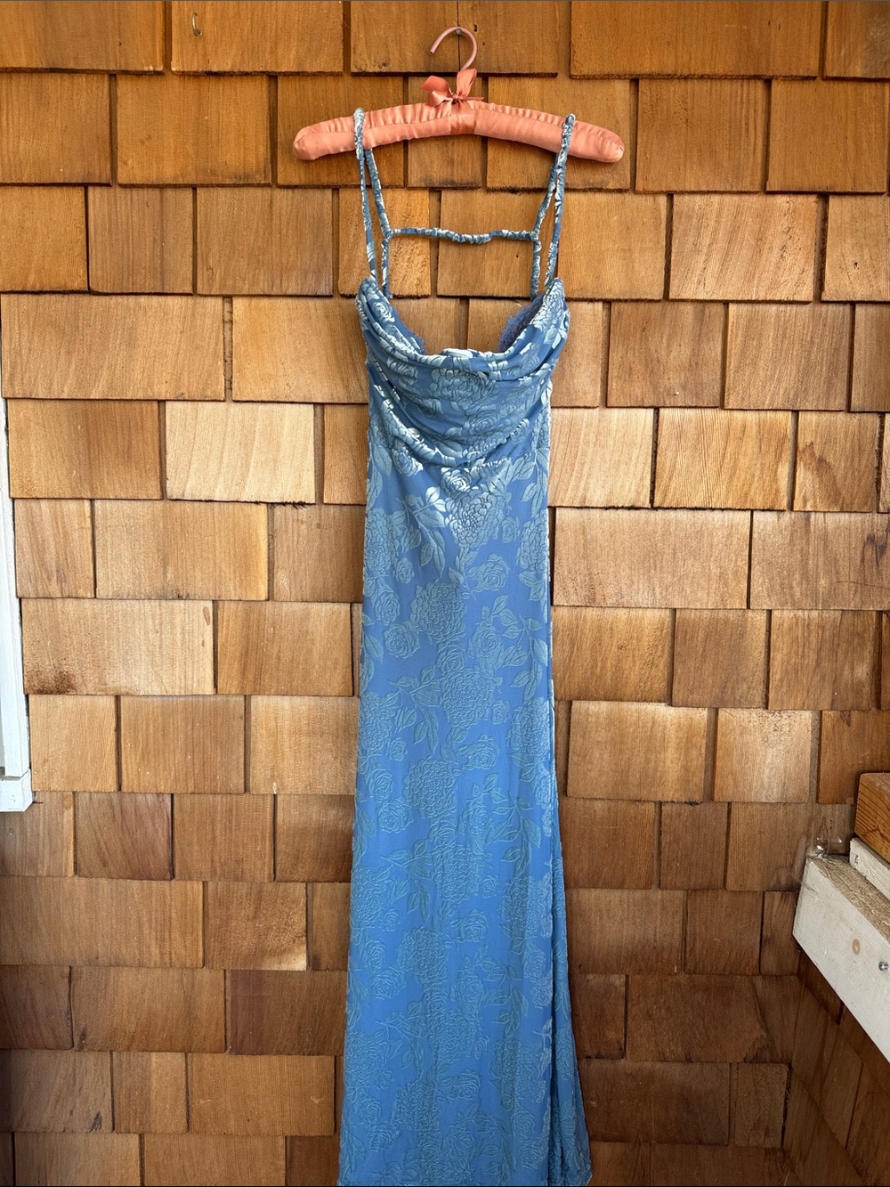 Rare London Blue Floral Satin Cowl Slip Maxi Dress